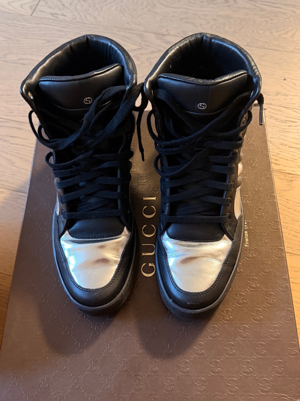 Gucci Black Leather High-Top Sneakers with Silver Toe Cap